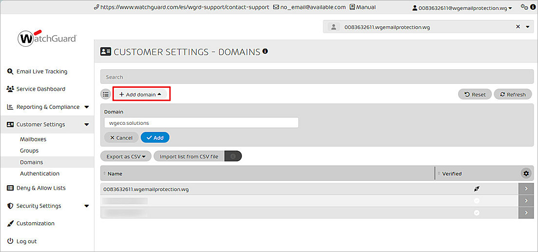 Screenshot of the WatchGuard Email Protection add domain